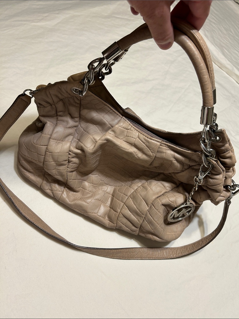 Michael Kors Croc-Embossed Taupe Leather Shoulder Bag with Chain Handles